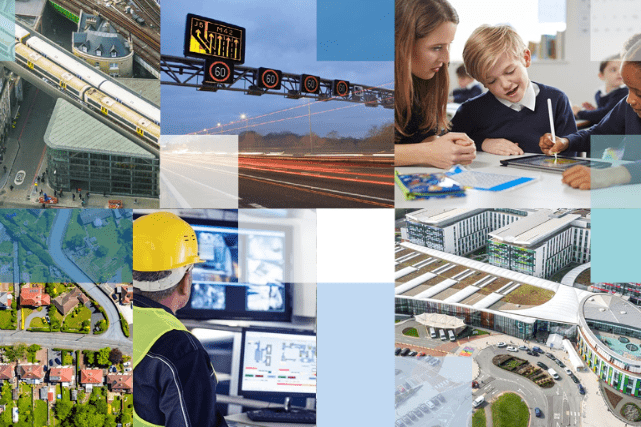 A mixture of images, a mother with a child, a construction worker, a motorway and a building.