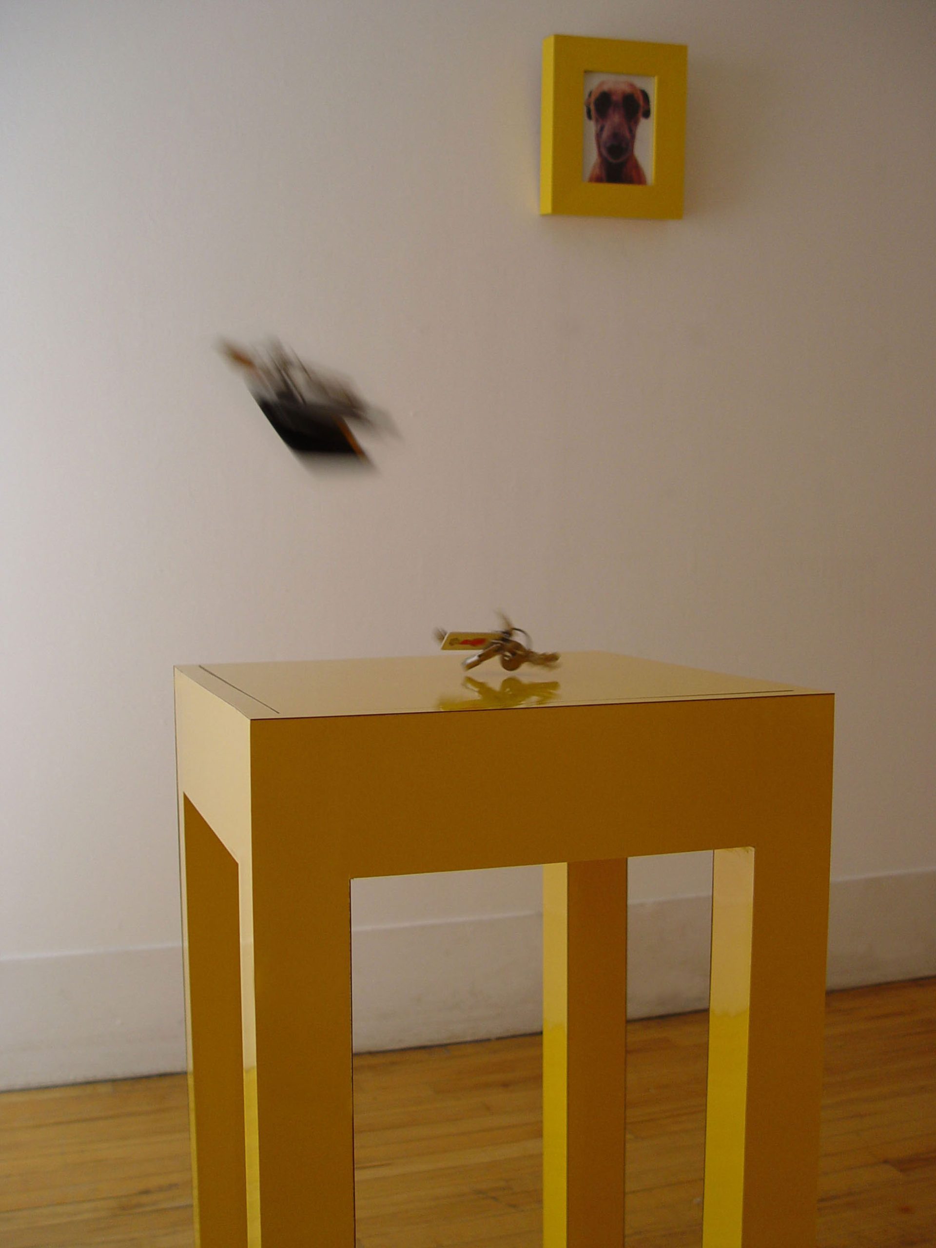 A photograph of keys and wallet being thrown onto the Key Table, a motorised picture frame is on the wall behind