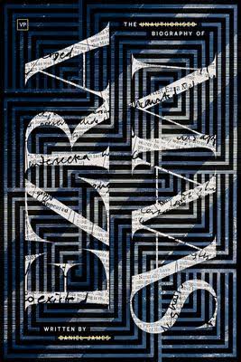 The Book cover of "The Unauthorised Biography of Ezra Mass". It shows a black labyrinth design over a pale blue background. The words "Ezra Mass" it positioned vertically and take up most of the cover.