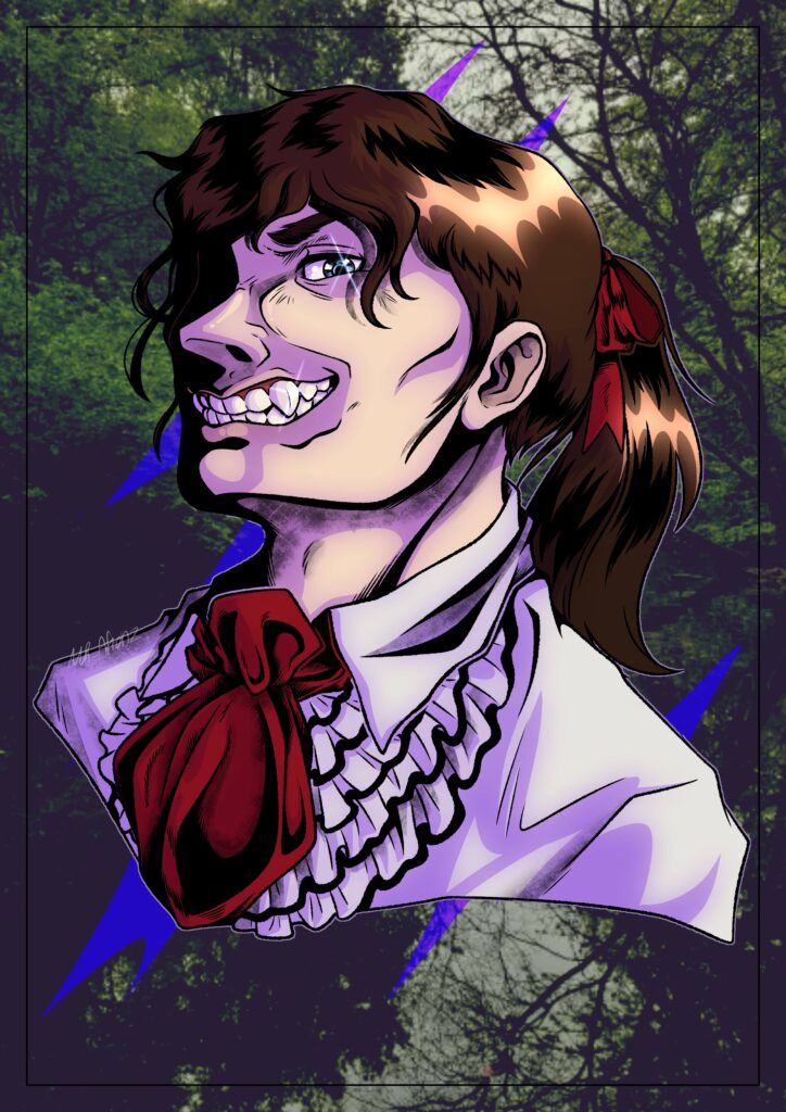 A digital artwork featuring a young white man with sharp canines bared. He is brunette, his hair tied into a ponytail with a red ribbon. He wears a victorian inspired white shirt with frills and a red ascot. This is Dick Pinemort.