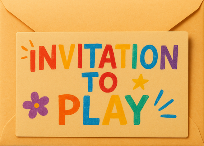 An envelope with a colourful card saying 'Invitation to play'